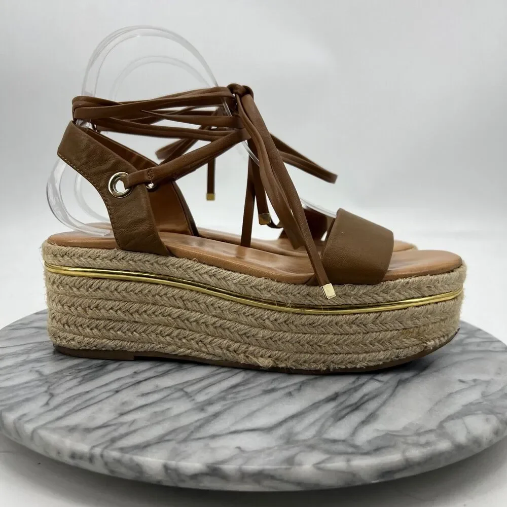 Bleecker & Bond Sandal Womens 7.5 Cognac Brown Odette Espadrille Leather Wedge